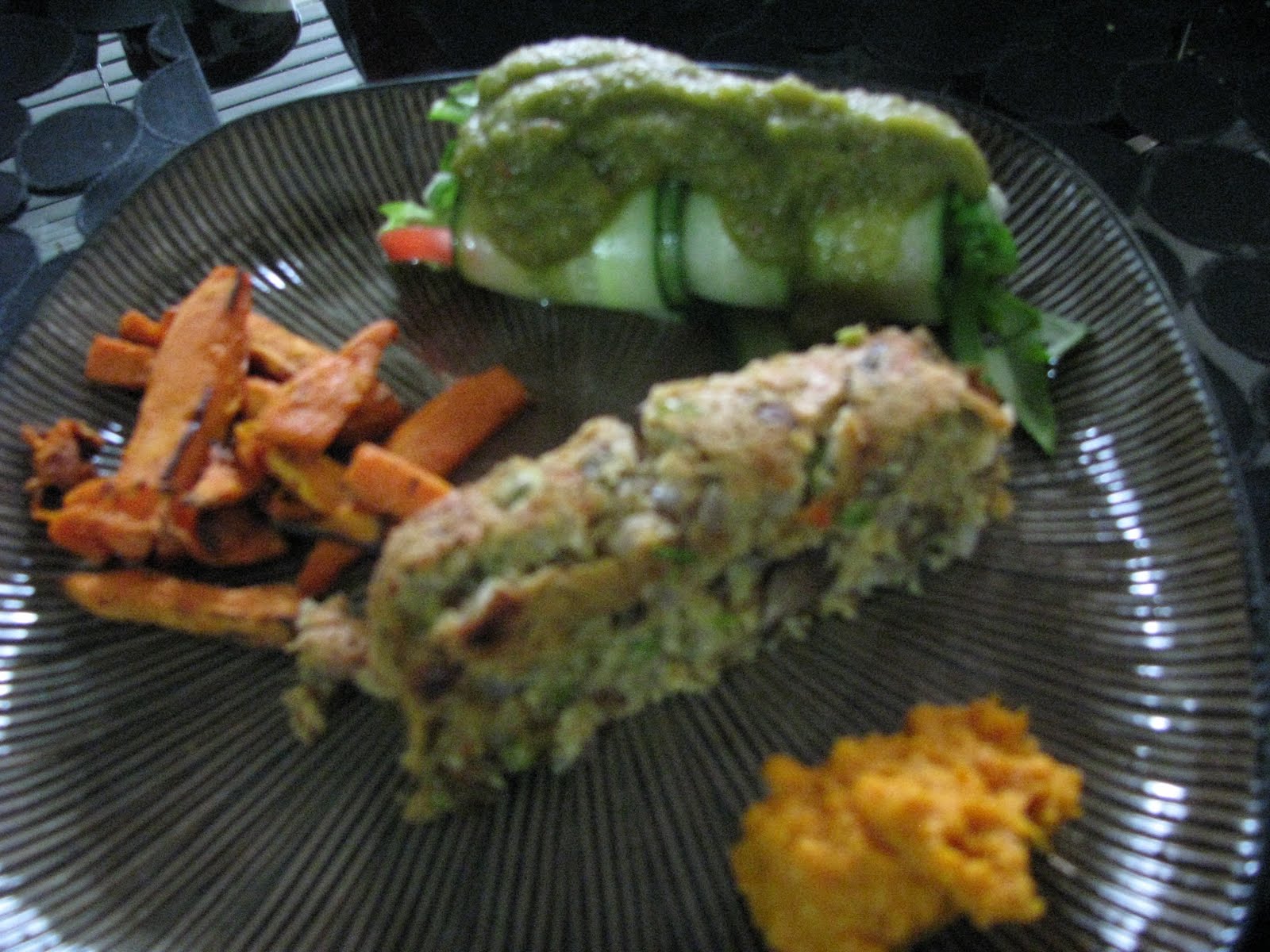 Caroline's Favourite Vegan Recipes Tonights Dinner; Quinoa Loaf, Yam Fries, Veg Wrap